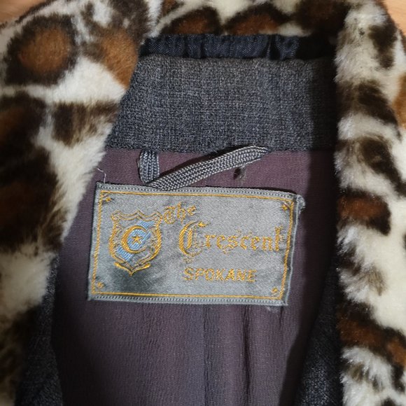 1940s Vintage Leopard Print Faux Fur Collar Suit Jacket Blazer Dark Gray Ladies - Picture 3 of 8